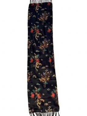 Vintage Black Silk Brocade Scarf - Dragon & Phoenix Gold Embroidery - Fringed
